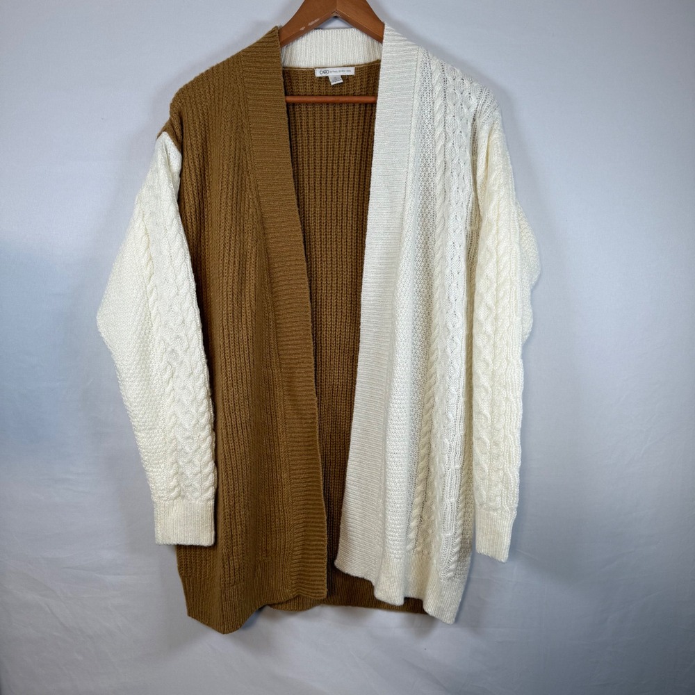 CATO Colorblock Cardigan Sweater Women Size S Camel White Cable Knit Long Sleeve